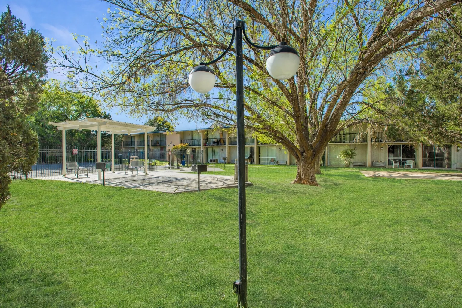 Lawn with lamppost and pergola at ABQ Encore Apartments